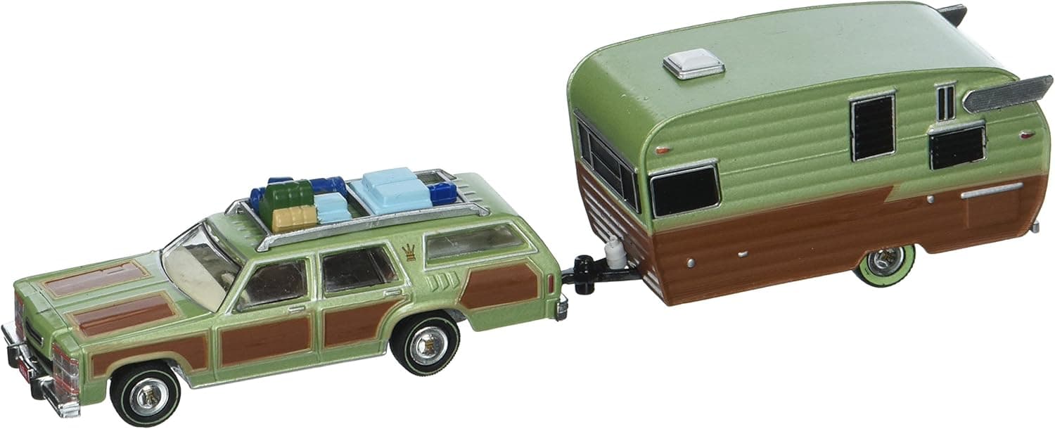 1979 Family Truckster Wagon Queen National Lampoon's Vacation (1983) with Shasta 15' Airflyte Trailer Hitch & Tow 1/64 by Greenlight 51036