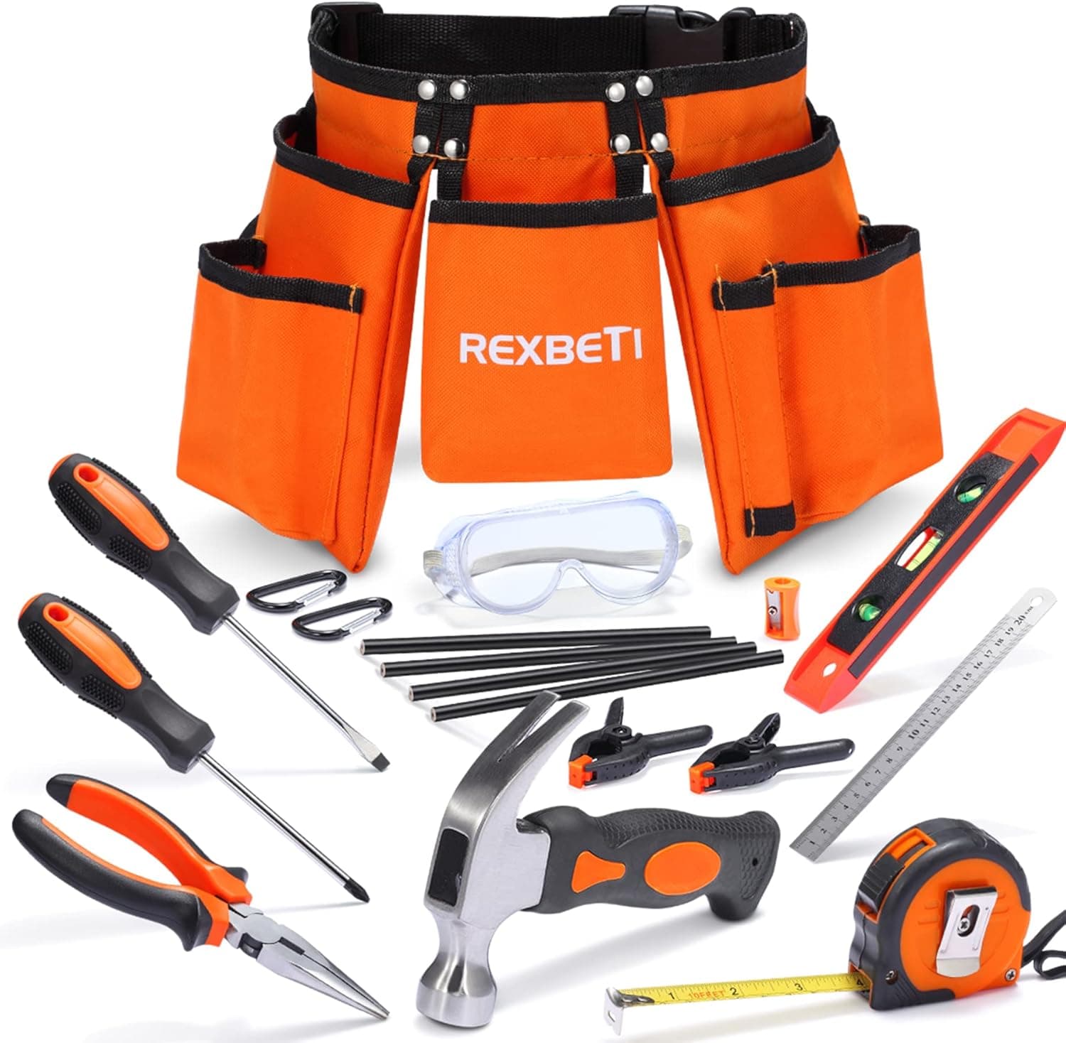 REXBETI 18pcs Young Builder's Tool Set with Real Hand Tools, Reinforced Kids Tool Belt, Waist 20"-32", Kids Learning Tool Kit for Home DIY and Woodworking