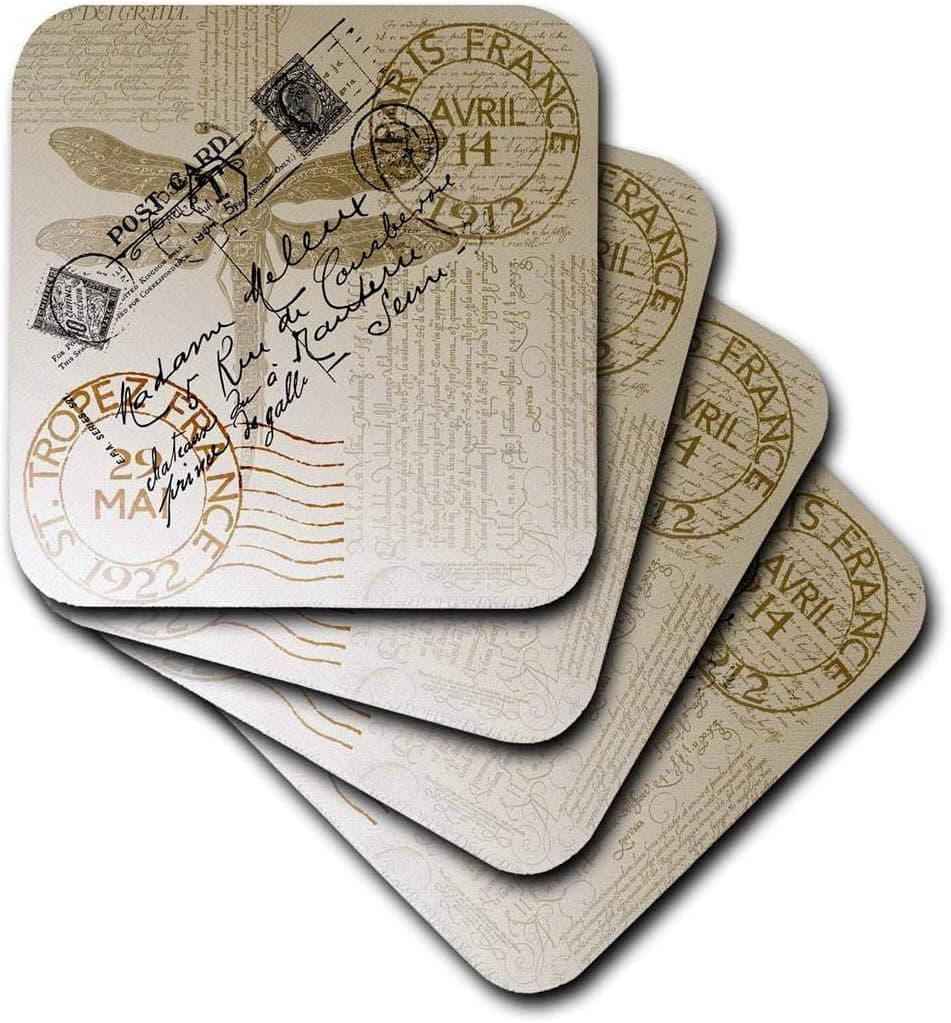 3dRose CST_79319_1 Vintage Dragonfly French Postcard Soft Coasters, Set of 4