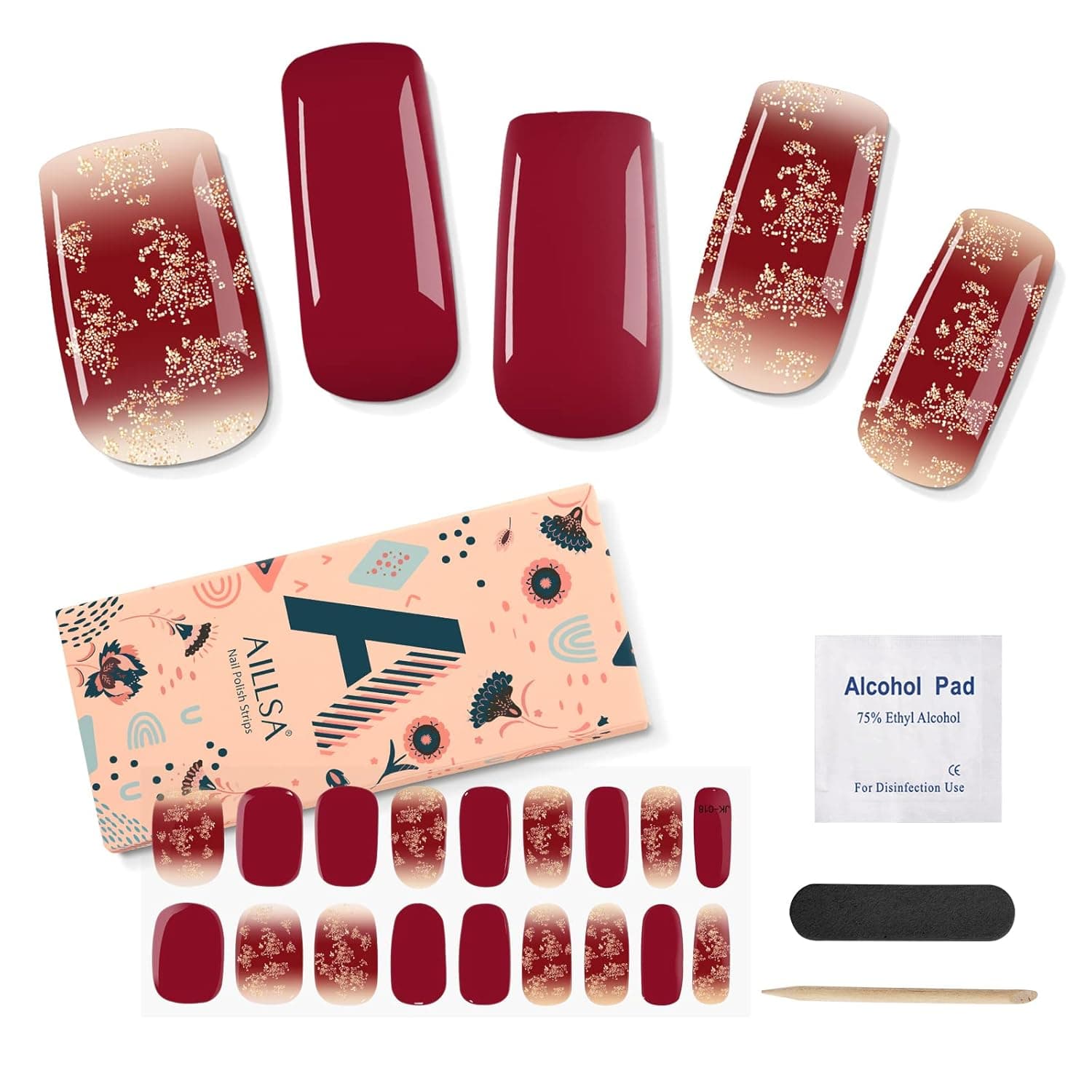 AILLSA Semi Cured Gel Nail Strips, Sexy Red Gel Nail Strips, Gel Nail Stickers Full Nail Wraps, Long Lasting,Safe & Easy to Use, Gel Nail Polish Strips for Women 27pcs