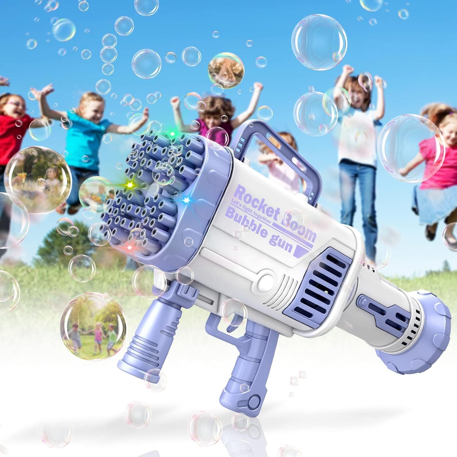 Bubble Machine Gun with Lights - 64 Hole Rocket Boom Bubble Blower for Kids Giant Bubble Maker Rocket Launcher Bubble Machine Blaster,8000+ Bubbles per Min for Adults Party Birthday,Purple