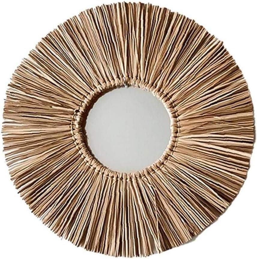 Tuimiyisou Wall Mirror Woven Hanging Rattan Makeup Handmade Wall-Mounted Round Tassel for Bedroom Living Room