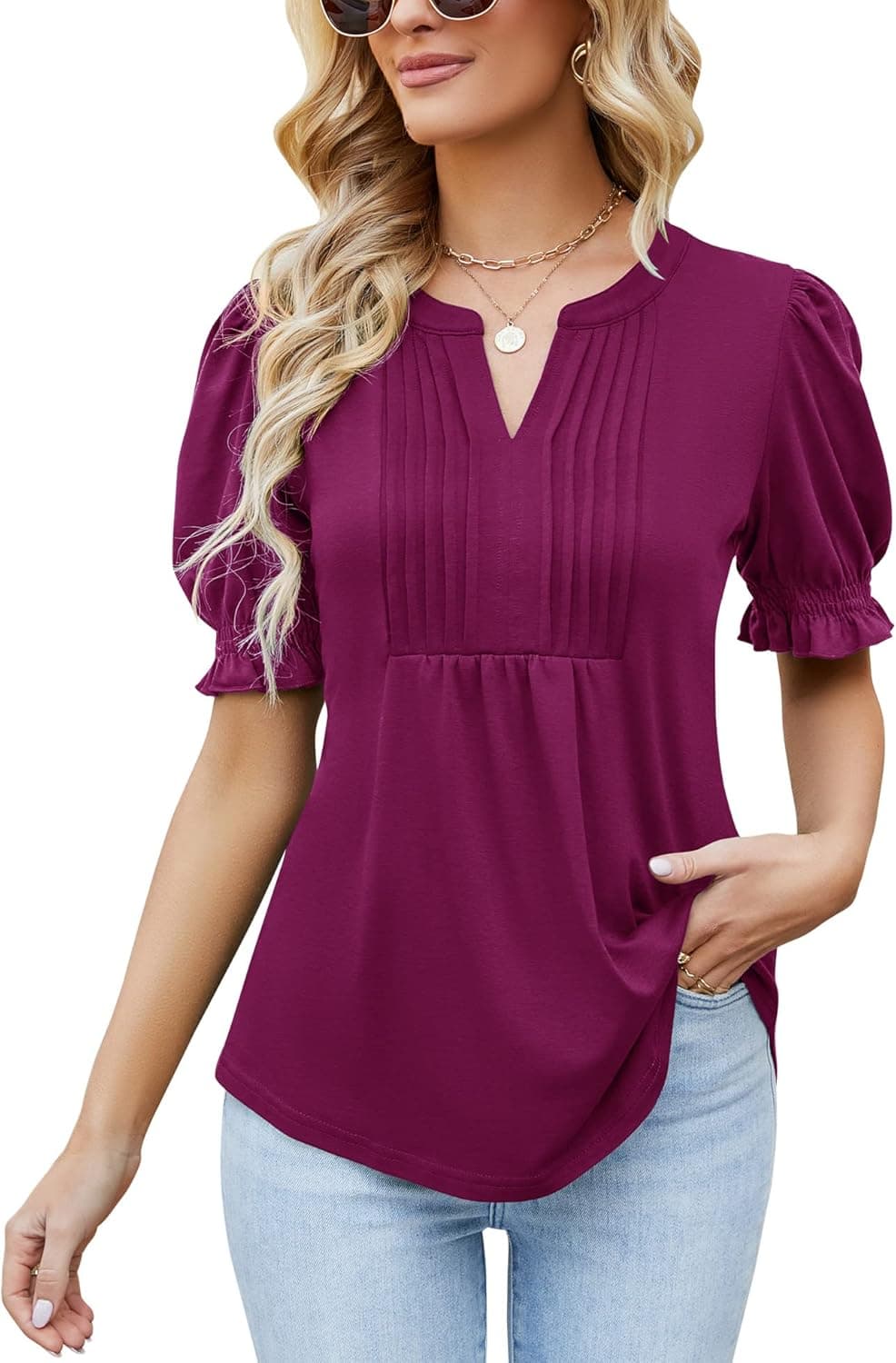 Ivicoer Women's Summer Puff Short Sleeve Tops V Neck Pleated Shirts Floral Blouses Dressy Casual S-XXL