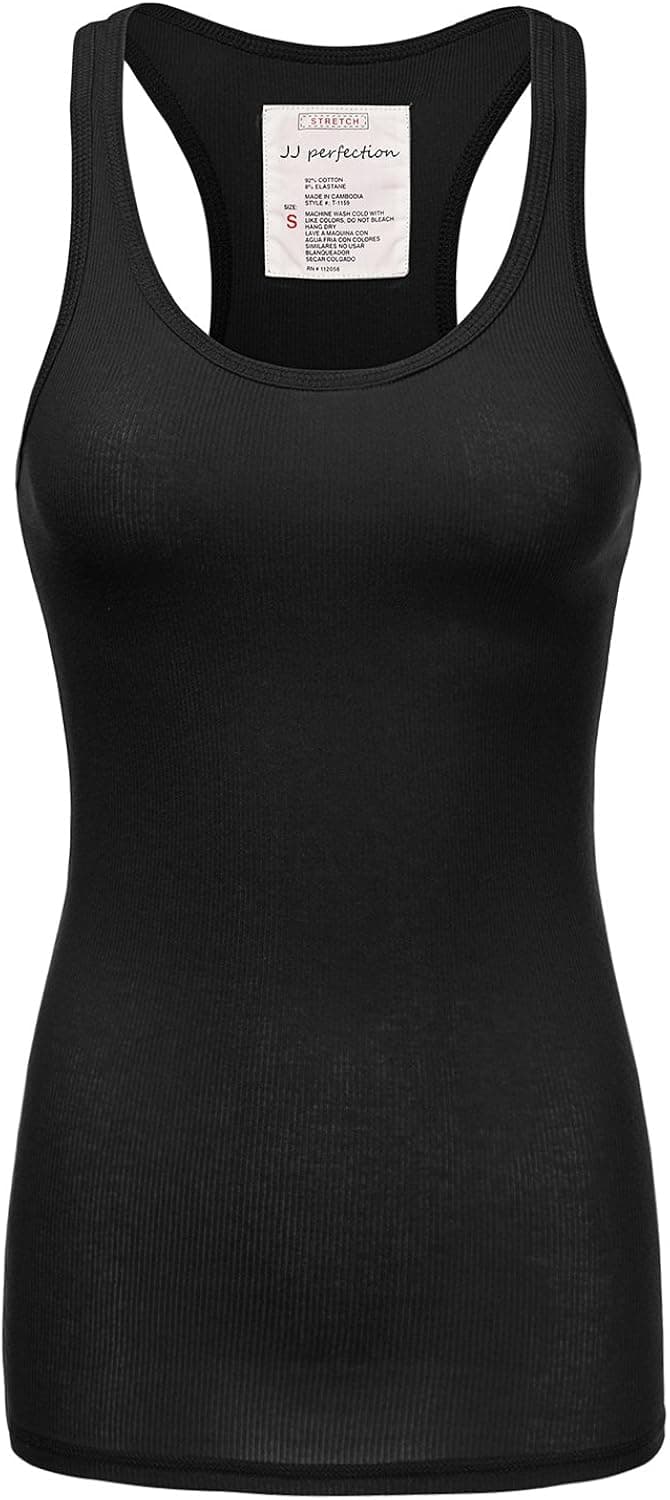 JJ Perfection Women's Solid Ribbed Knit Stretch Racerback Slim Fit Tank Top Black 2X