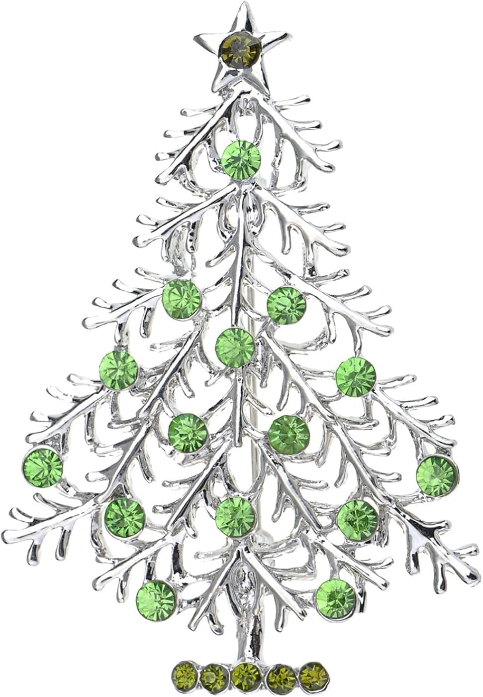 Alilang Silvery Tone Green Rhinestones Holiday Christmas Tree Star Brooch Pin