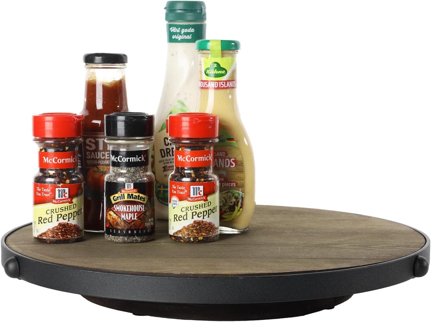 MyGift Large Rustic Burnt Wood Tabletop Lazy Susan Turntable Rotating Tray with Black Metal Rim, 15-Inch