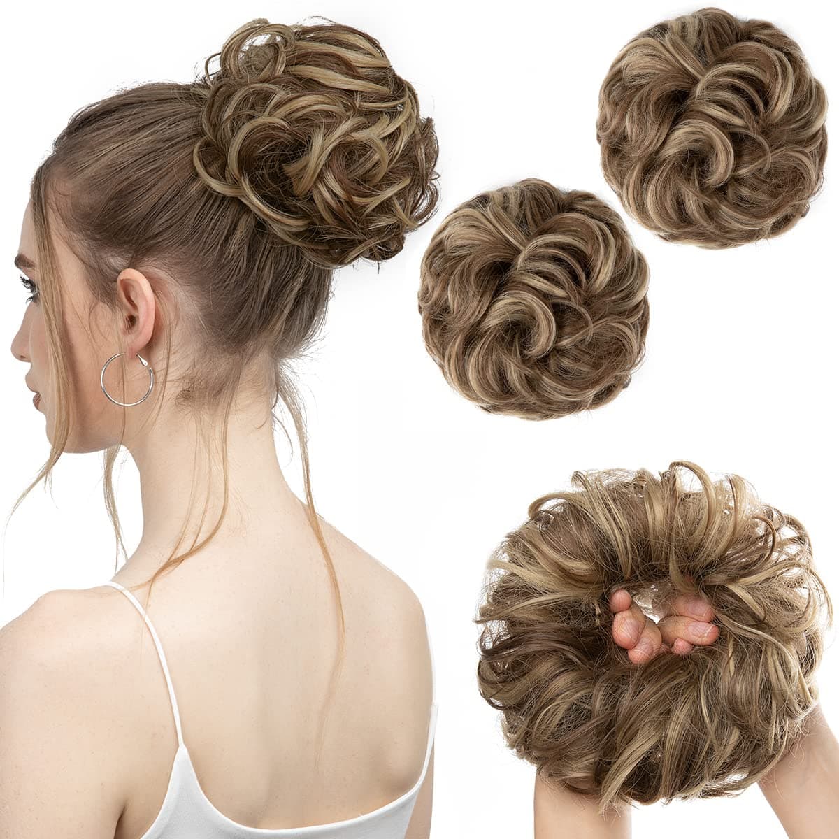 SARLA 2PCS Highlight Messy Bun Hair Piece Wavy Curly Synthetic Updo Bun Extension for Women Girls Ash Medium Brown/Ash Blonde