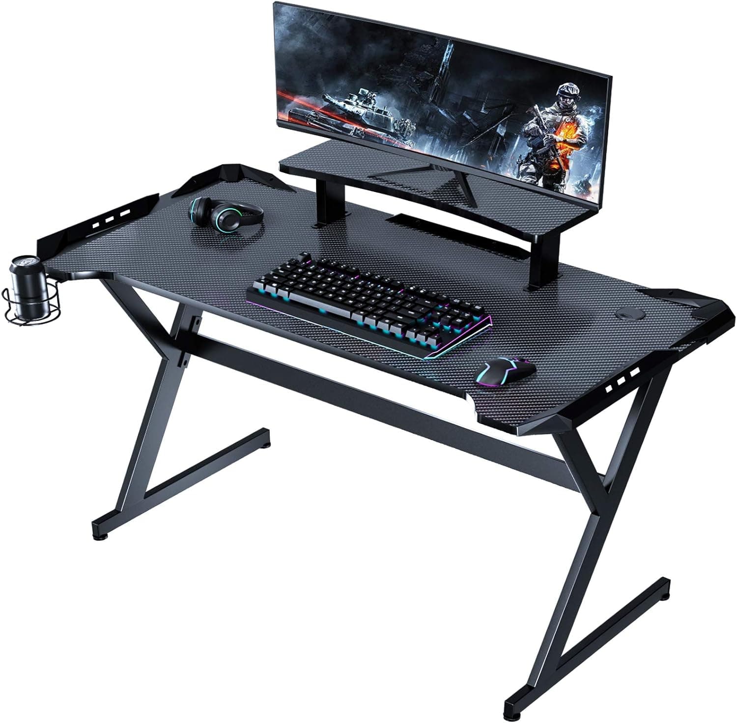 Legigo Gaming Desk 47" Y Shape PC Home Office Gaming Table, Professional Gamer Workstation with Monitor Stand and Cup Holder for Holiday Birthday Men Boyfriend Female Son Daughter Gift (Black)