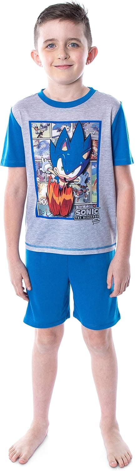 Sonic The Hedgehog Boys' Comic Collection 3 Piece Shirt Pants and Shorts Sleepwear Kids Pajama Set