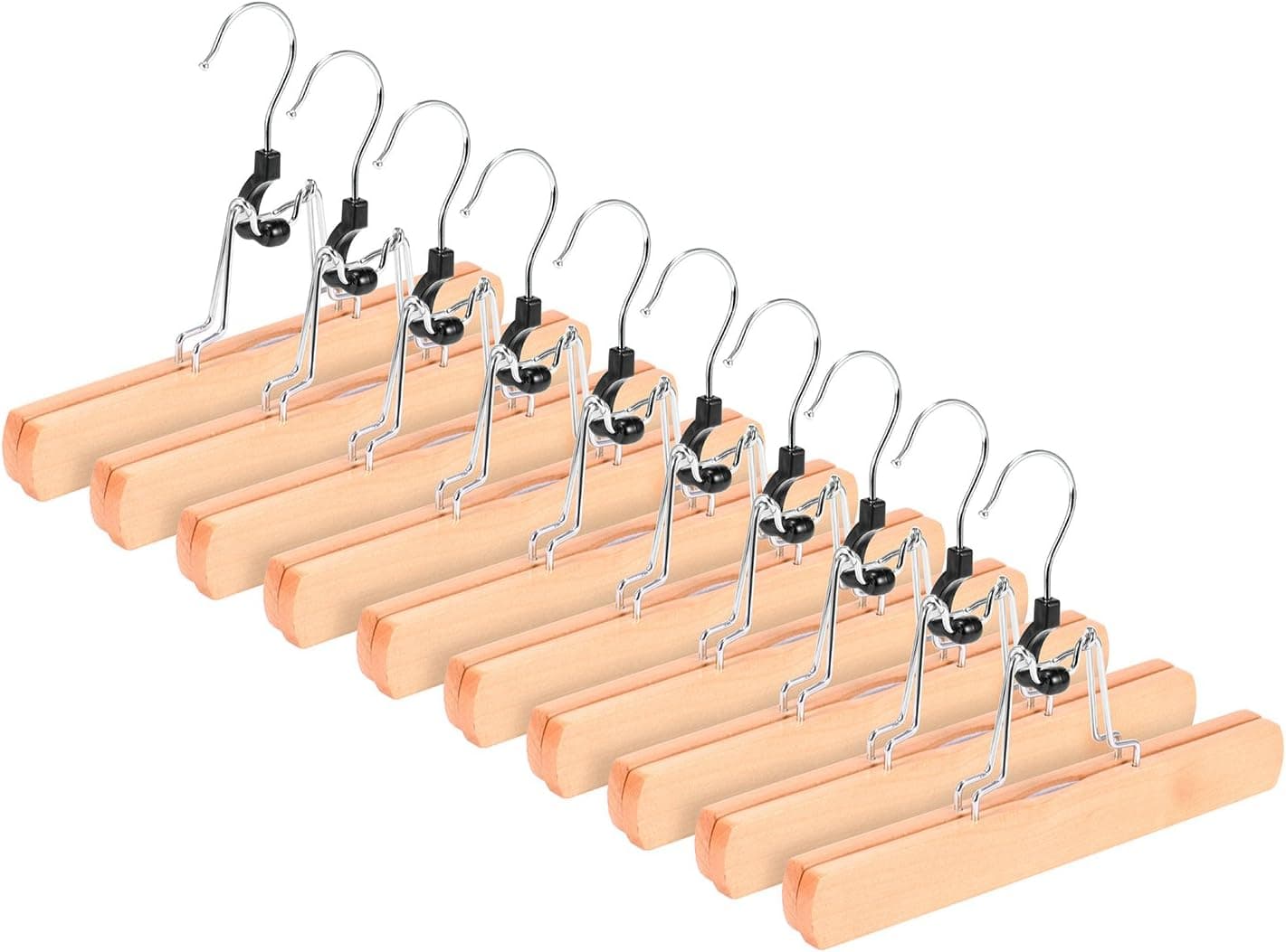 RoyalHanger Wooden Hangers 10 Pack, Skirt Hangers Pant Hangers Collection Wood Hangers Clamp Hanger Trouser Hangers, Non Slip, Natural Finish