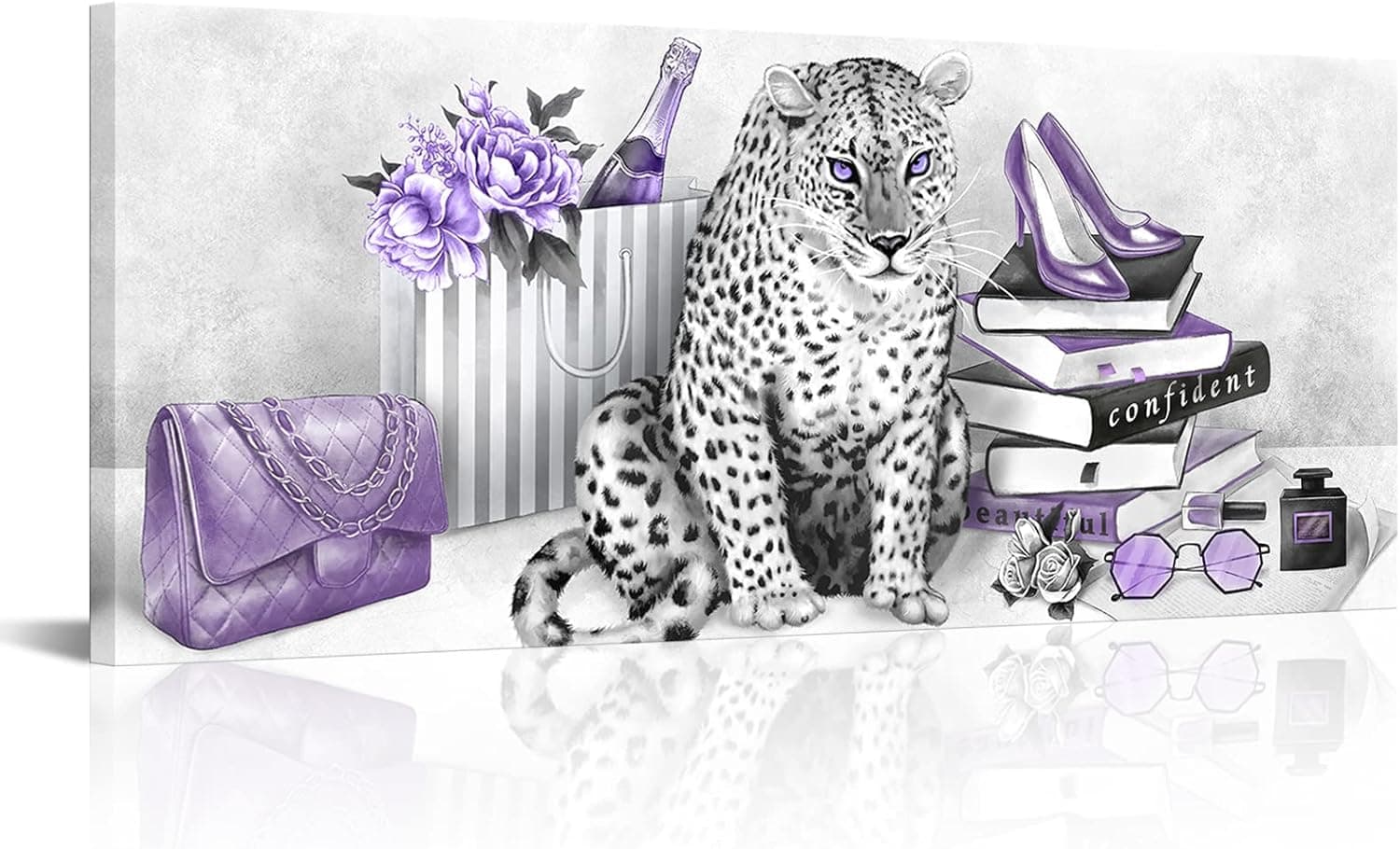 ArtKissMore Black White Snow Leopard Wall Decor - Purple Grey Panther High Heels And Books Perfume Canvas Wall Art For Woman Girl Makeup Room Bedroom Framed Design Gift Pictures 20"X48"