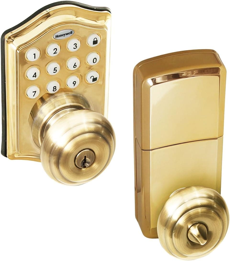 Honeywell Safes & Door Locks - 8732001 Electronic Entry Knob Door Lock, Polished Brass, 6.5 x 8.8 x 9 inches