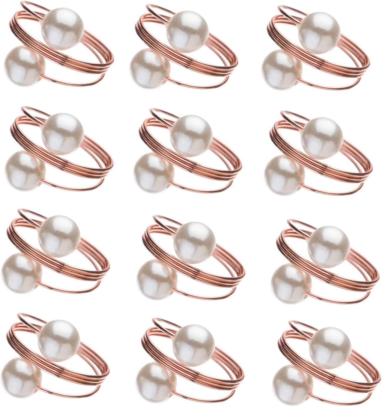 HAN SHENG 12 Pcs Pearl Napkin Ring Holders Table Napkin Holders Buckles for Wedding Banquet Birthday Party Dinner Table Decorations (Rose Gold)