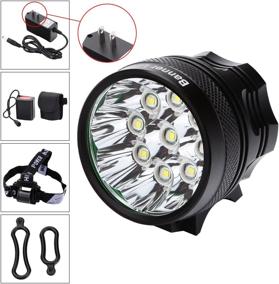 BannerLife 9 LED Waterproof Super Bright Bicycle Light Bike Headlight with Rechargeable 8.4V 6 x 18650 Battery Pack Charger for Cycling Camping Traveling Hiking Outdoor Sports Color Black
