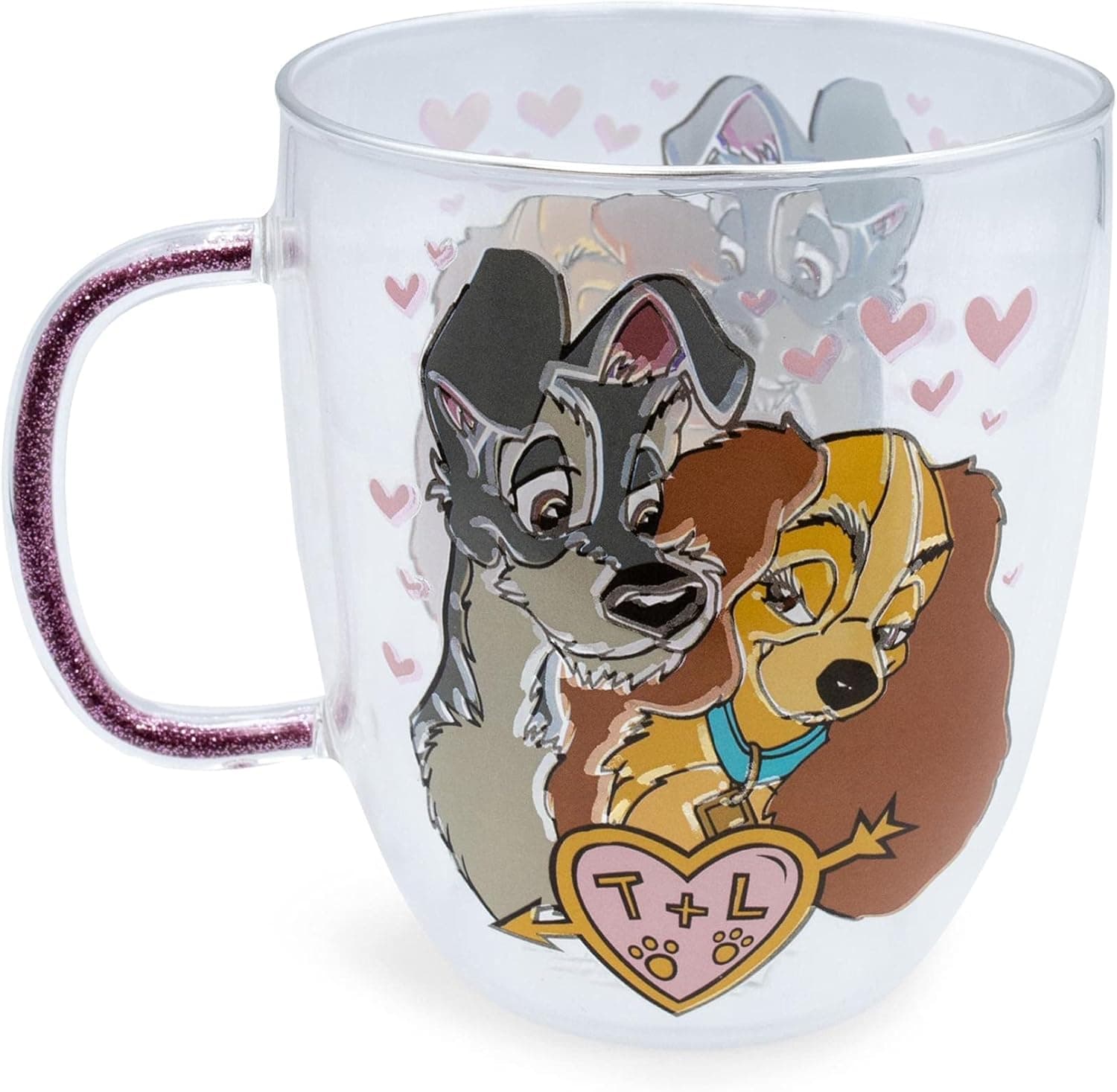 Disney Lady and the Tramp Glitter Handle Glass Mug | Large Drinking Cup Glassware For Water, Juice, Tea, Cocktails | Home Kitchen Essentials, Cute Gifts and Collectibles | Holds 14 Ounces