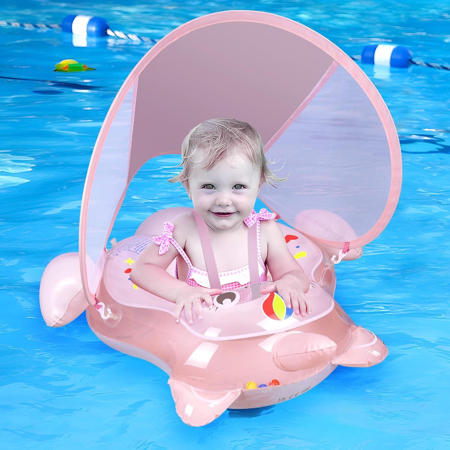 Baby Swimming Float, AivaToba Inflatable Infant Swim Float, Inflatable Baby Pool Float with UPF 50+ Sun-Protective Canopy, Add Tail No Flip, Hand Pump for Toddlers Age 3-36 Months