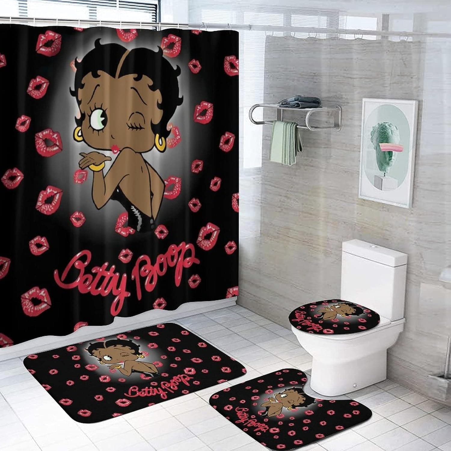 The Black Skin Shower Curtain with Non-Slip Rugs,Toilet Lid Cover and Bath Mat,Shower Curtain with 12 Hooks,Durable Waterproof Shower Curtain 4PCS