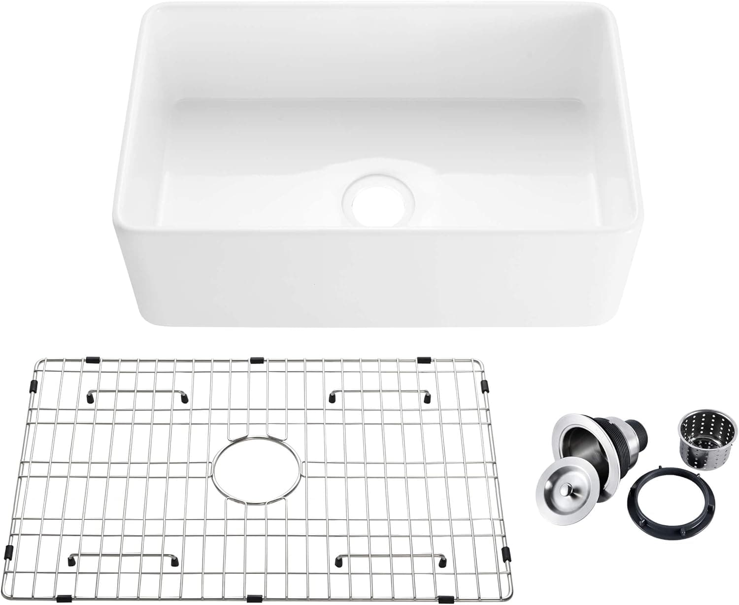 30" White Fireclay Farmhouse Apron Front Kitchen Sink with Bottom Grid and Strainer