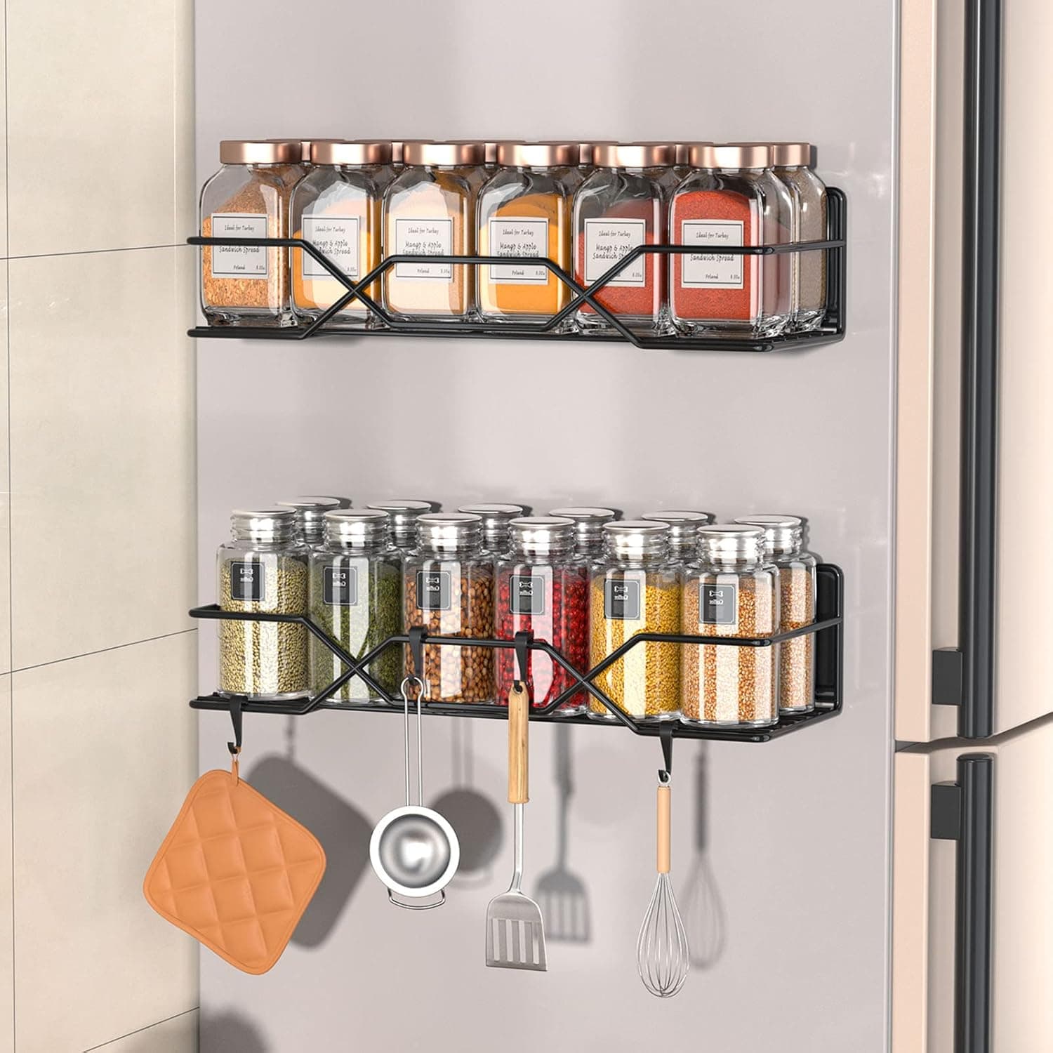 Stofiro Magnetic Spice Rack for Refrigerator, 2 Pack Spice Rack Organizer, Super Strong Magnetic Spice Racks with 4 Removable Hooks, Sturdy & Multiple Use, Saving Space & Keeping Tidy（Black）