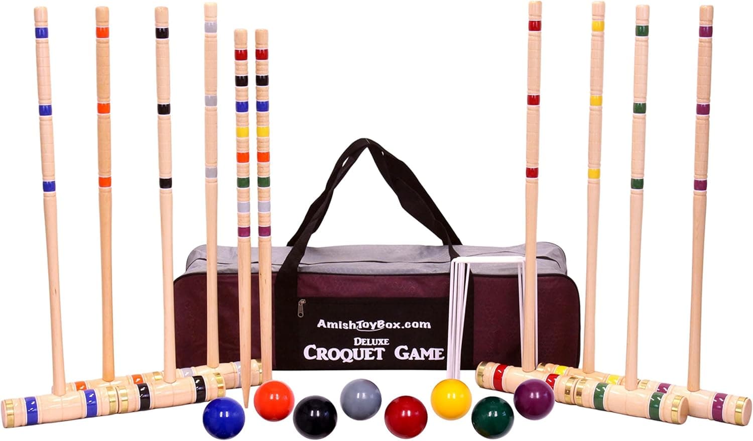 AmishToyBox.com Deluxe 8-Player Croquet Game Set with Duffel Carry Bag (Eight 28" Handles)