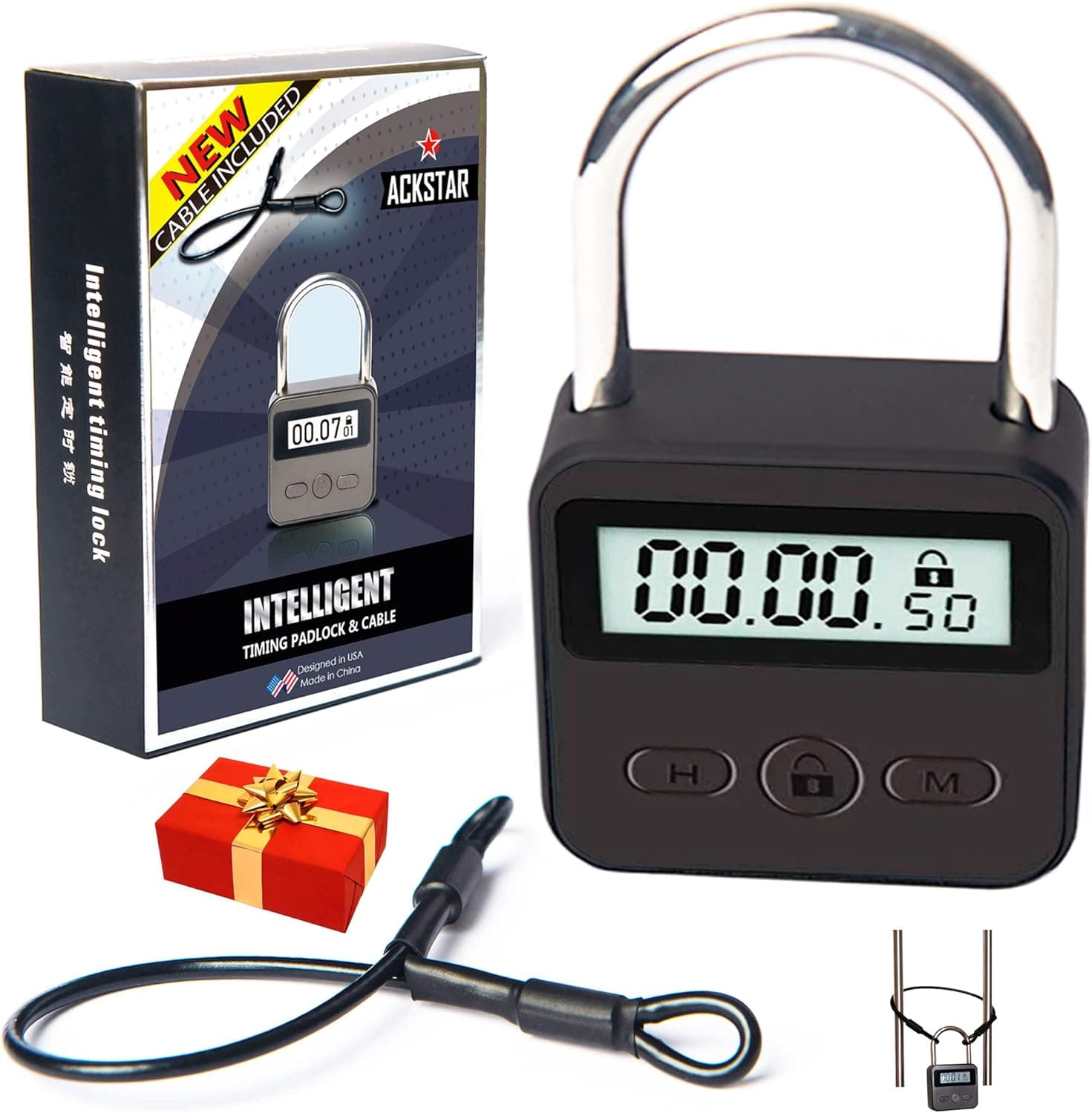 Generic ACKSTAR Metal Timer Padlock - Inteligent Timing Padlock with 10 Inch Steel Cable Extension, Backlight LCD Display up to 99 Hours Max time Lock, Micro USB Rechargeable (Black)
