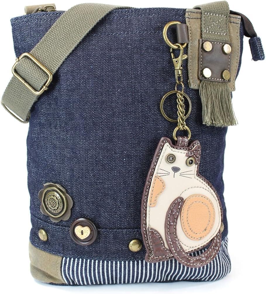Chala LaZzy Cat Patch Canvas Cotton Messenger Bags with 6 Color Options (Denim)