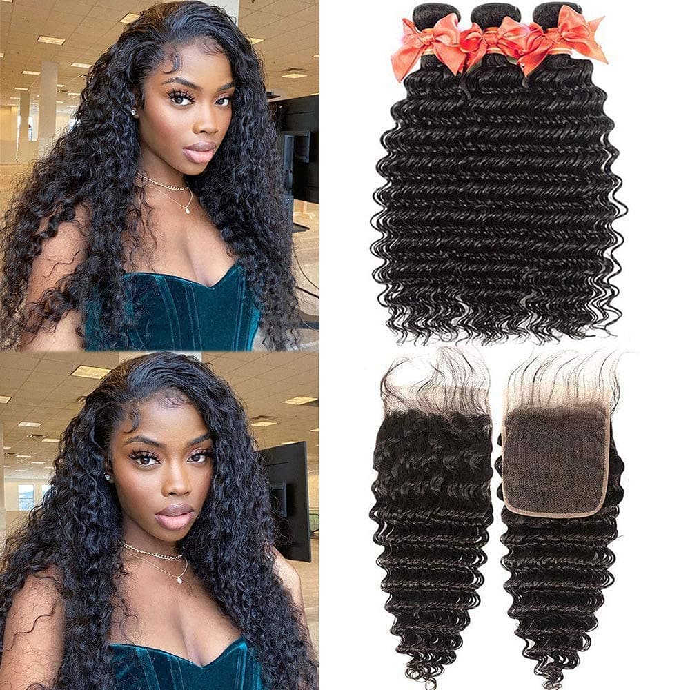Flady Brazilian Deep Wave Human Hair 3 Bundles with Closure 10A Unprocessed Virgin Hair Deep Wave Bundles with Free Part Closure (18 20 22+16inch)