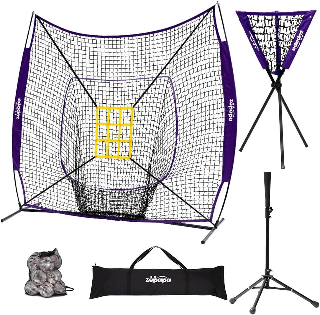 Zupapa Baseball Softball Practice Set - 7 by 7 Feet Net with Strike Zone, Baseball Backstop Practice Net for Batting Hitting Pitching Catching