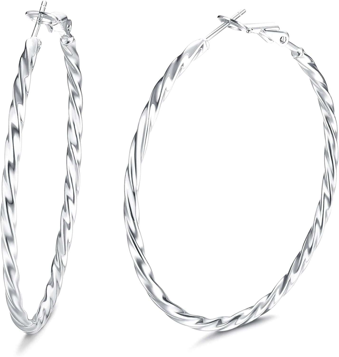 Milacolato 925 Sterling Silver Hoop Earrings 18K White Gold Plated High Polished Twist Round Hoop Earrings for Women with Gift Box, 50MM