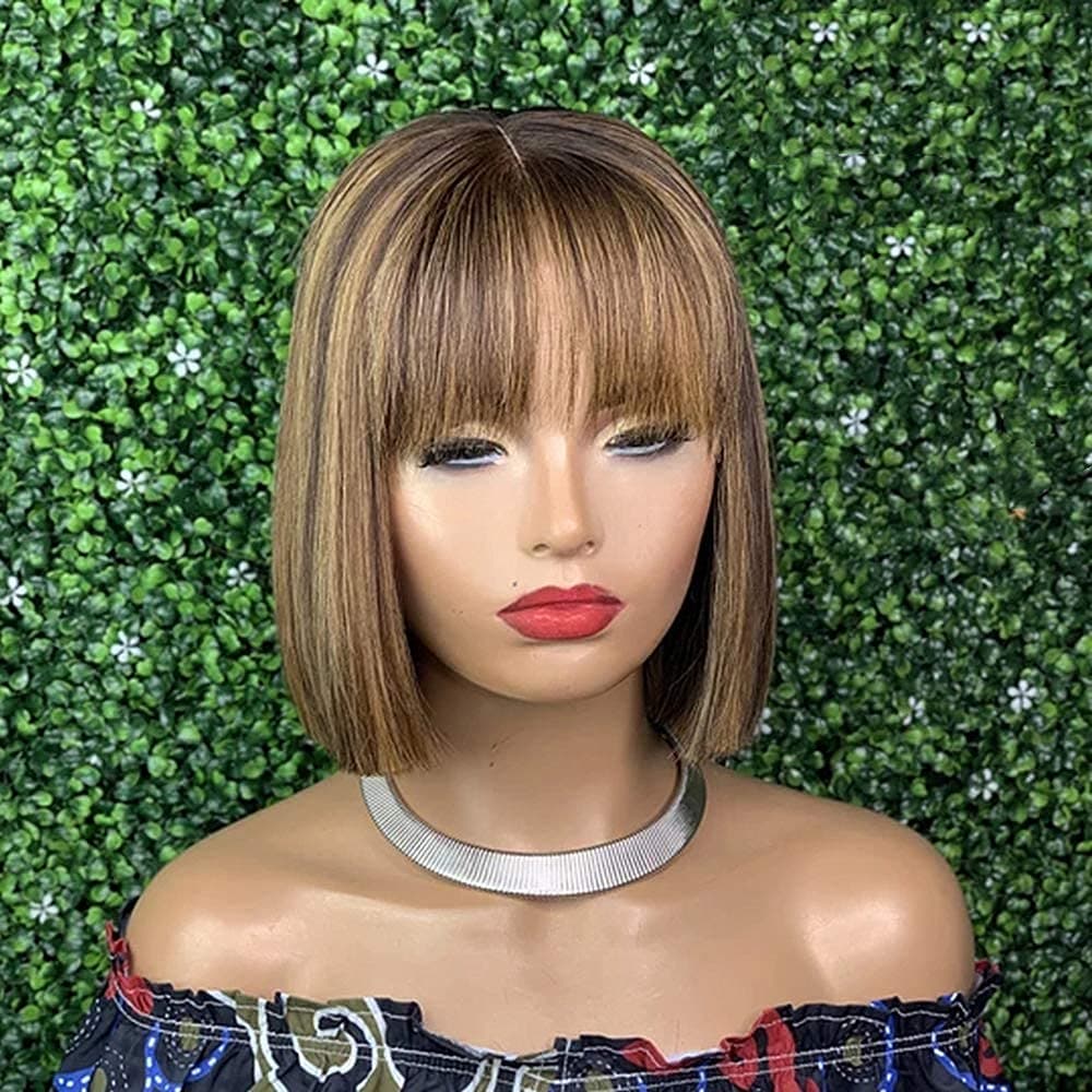 ten chopsticks Highlight Color Short Bob 13x4 Lace Front Wig With Bangs Brown Honey Blonde Colored Ombre Human Hair Wigs For Women 150% Density (8 Inch/13X4 Lace Front Wig, 4T27 Highlights Color)