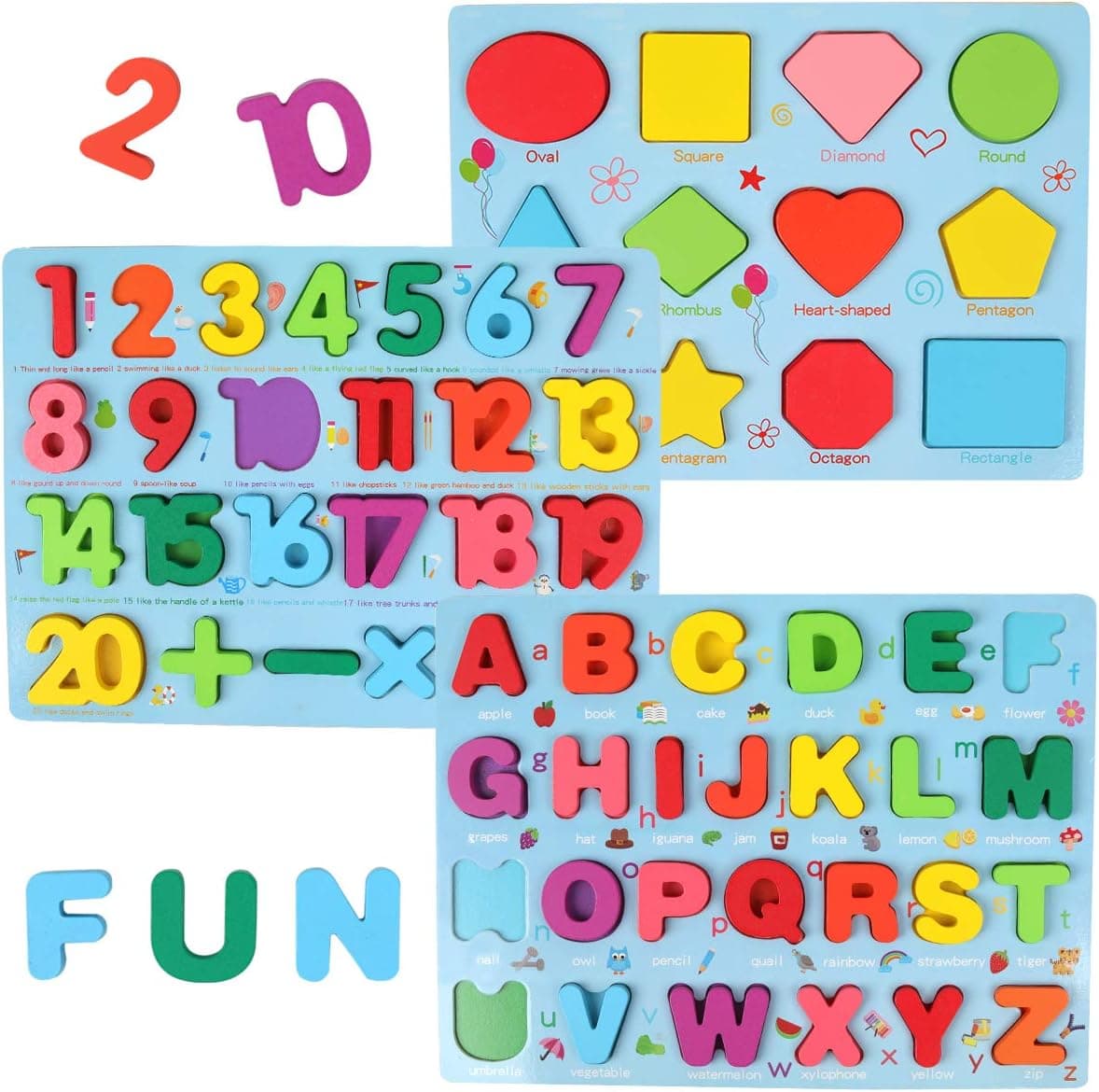 GEMEM Alphabet and Number Puzzle Set Wooden Upper Case Letter Number and Shape Learning Puzzles Board Toy, Ideal of Educational Matching Game for 3 4 5 Years Old Toddlers Boys Girls Set of 3