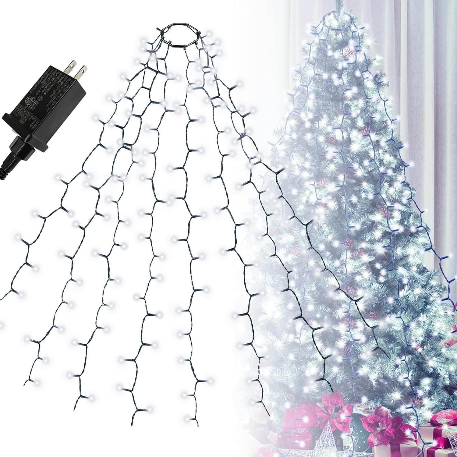 EXF Christmas Tree Lights Indoor Outdoor, 280 LED Christmas Light Strings 6.6FT x 8 Lines with 8 Modes & 6 Hours ON Timer, Twinkle Mini Lights Plug in for 6FT- 8FT Xmas Tree Decoration (Cool White)