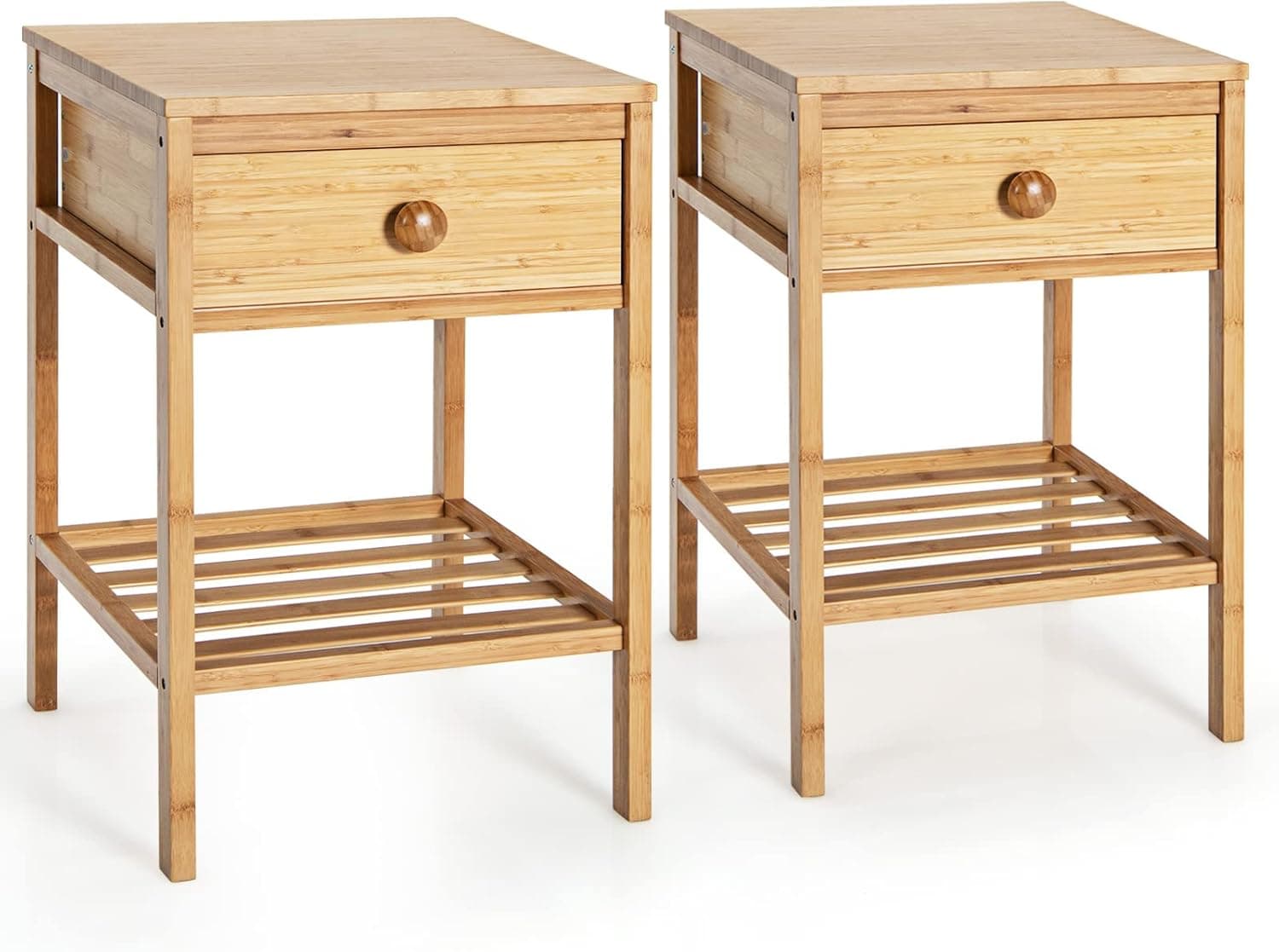 Giantex Bamboo End Table Set of 2, Bedside Table with Drawer & Open Shelf, Multifunctional Side Table for Small Spaces, Accent Sofa Side Table for Living Room, Bedroom, Easy Assembly, Natural