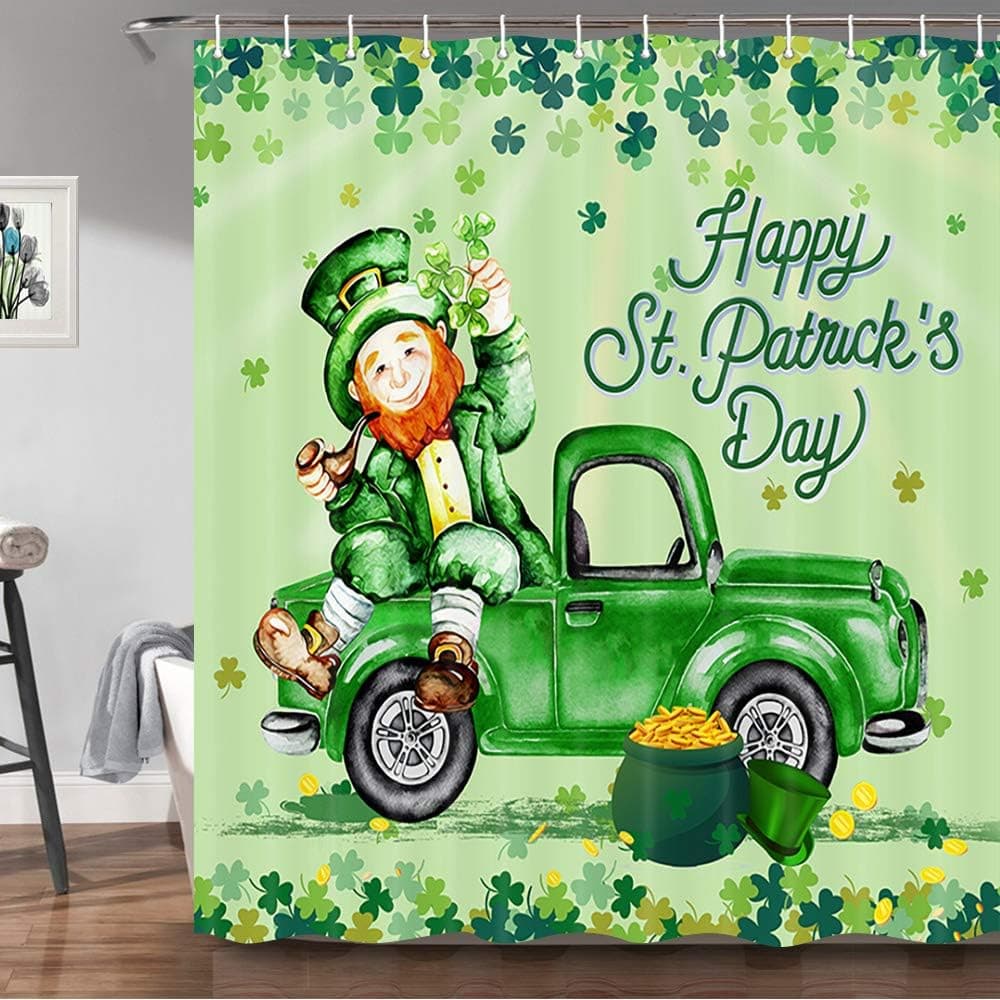 JAWO Happy St. Patrick's Day Shower Curtain, Green Clover Shamrock Leaf Golden Coins Truck Decor Bathroom Curtains Set with 12 Hooks, Durable Waterproof Fabric, 69x70 Inch
