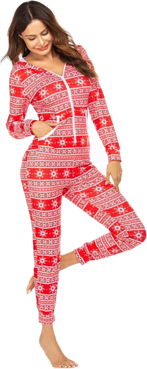 Ekouaer Women Hooded Jumpsuit Long Sleeve Onesies Zip Up One Piece Pajamas Novelty Sleepwear for Women