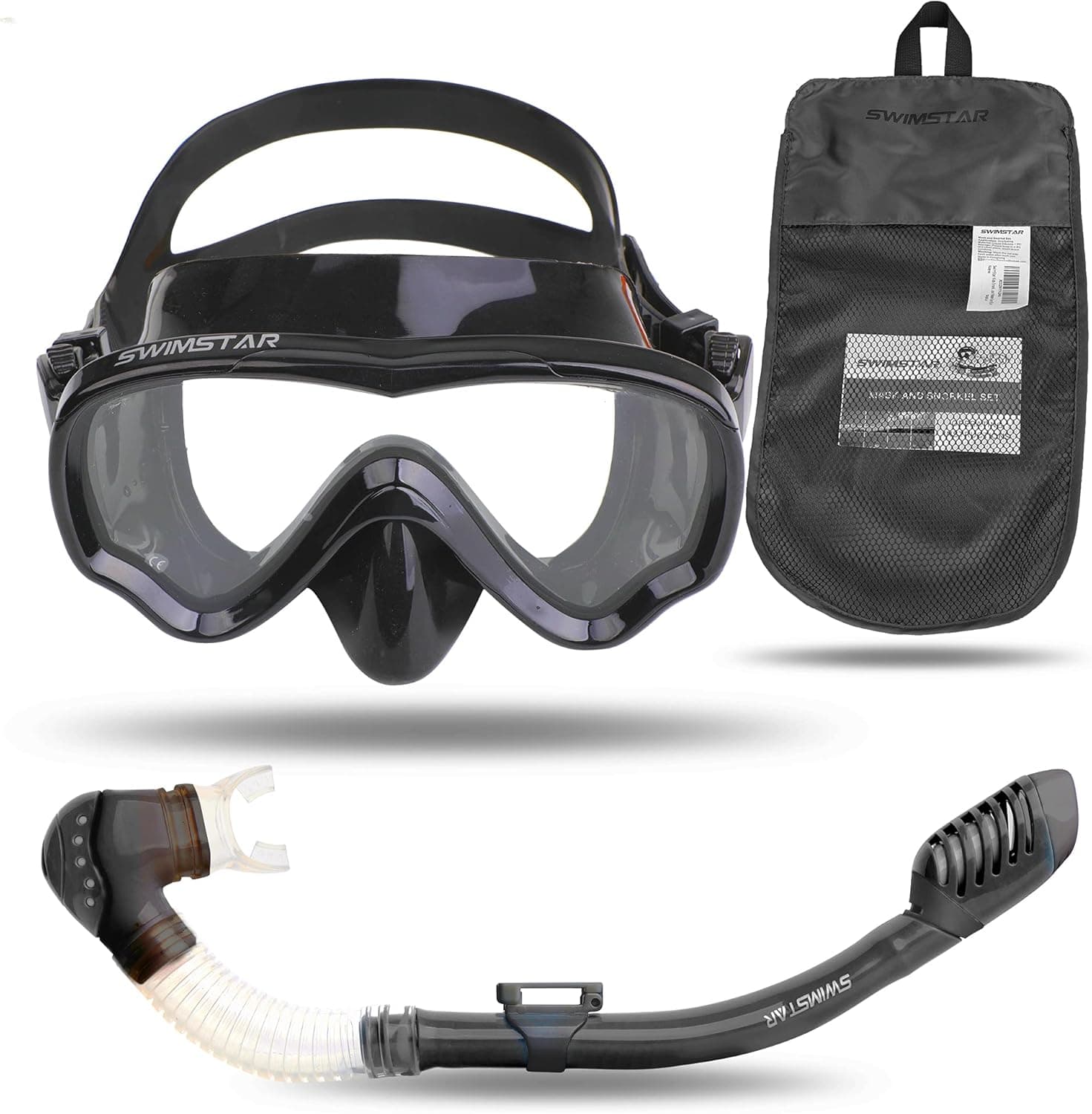 SwimStar Kids Snorkel Set for Ages 5-14, 100% Dry Top Snorkeling Mask for Children Teen Boy Girl, Anti Fog No Leak Tempered Glass Swim Diving Goggles for Lap Swimming Beach Ocean Water Gear Black