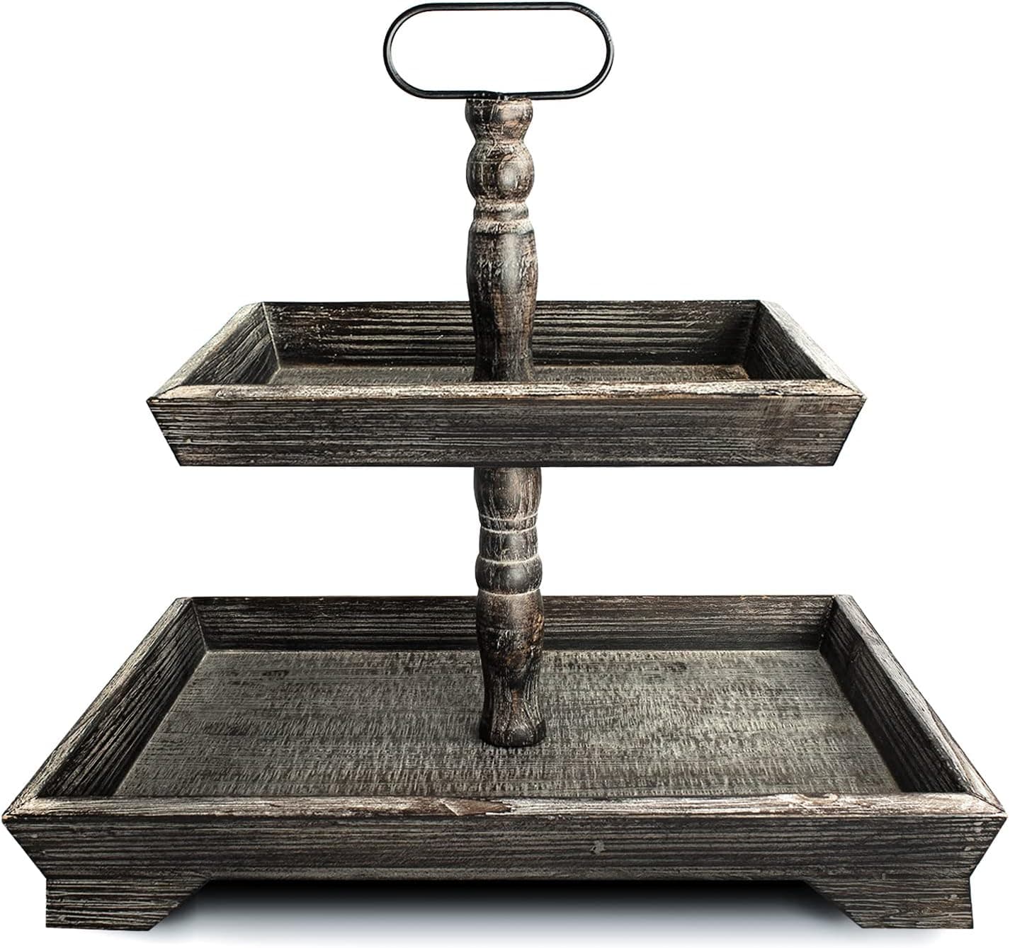 Farmhouse Decor 2 Tiered Tray Decorative Holder -Rustic Rectangular Wooden Stand for Countertop Home Kitchen Table Decor