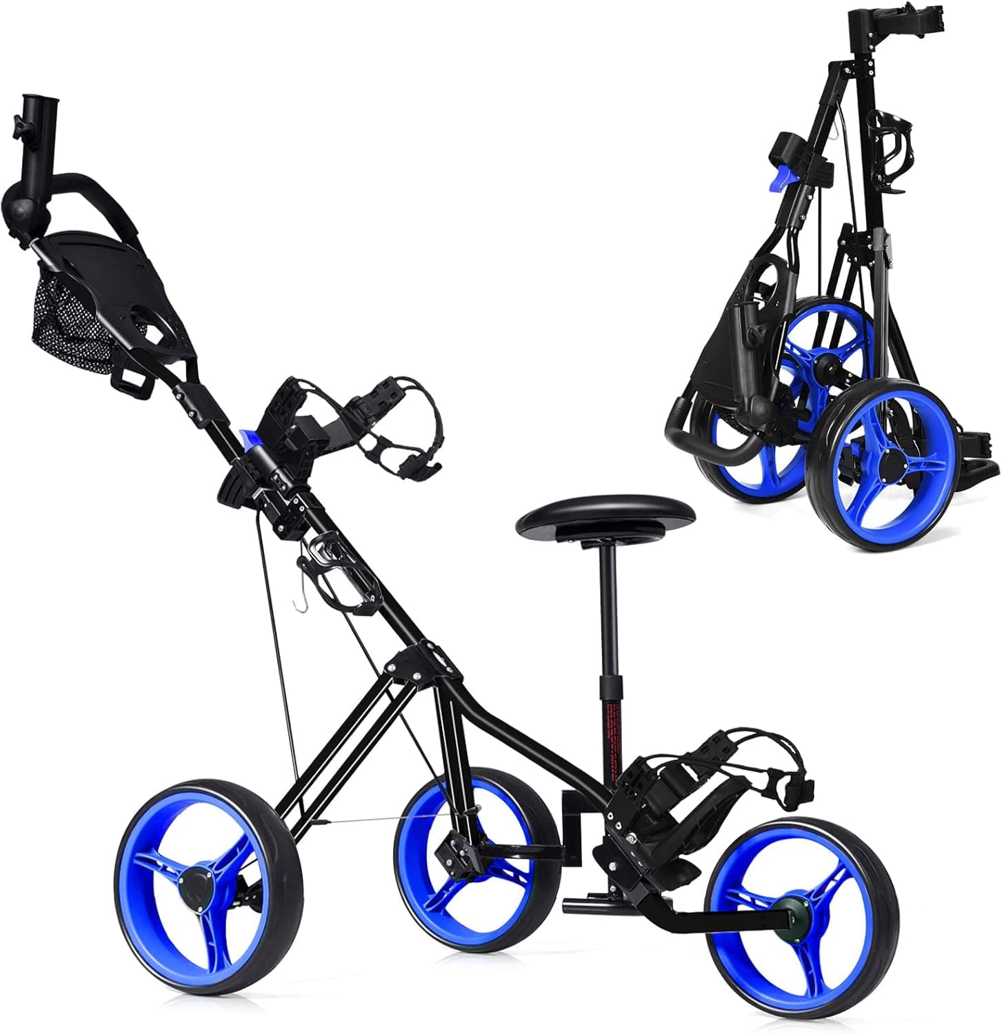 Tangkula Golf Push Pull Cart with Seat, Lightweight Foldable Collapsible 3 Wheels Golf Push Cart, Golf Trolley with Foot Brake, Adjustable Umbrella Holder & Seat, 4 Height Position Handle