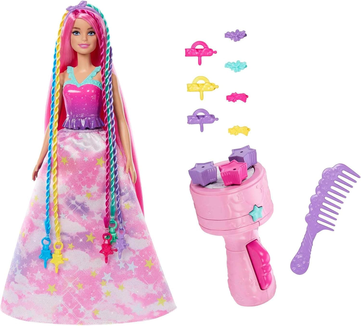 Barbie Dreamtopia Doll, Twist 'N Style Pink Hair with Rainbow Extenstions, Twisting Tool and Styling Accessories