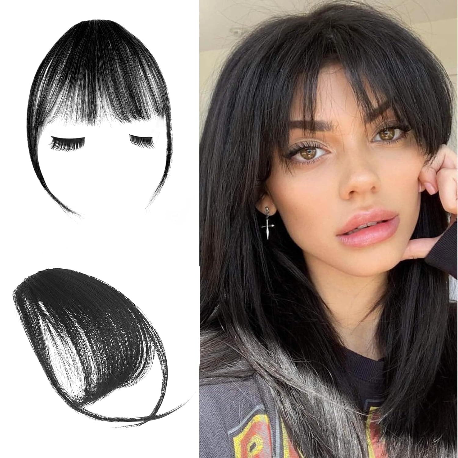 FESHFEN Clip in Bangs 100% Human Hair Air Bangs Real Hair Extensions Wispy Bangs Natural Black Thin Fringe Hair Pieces Natural Fringe with Temples One Piece Hairpieces for Women Girls