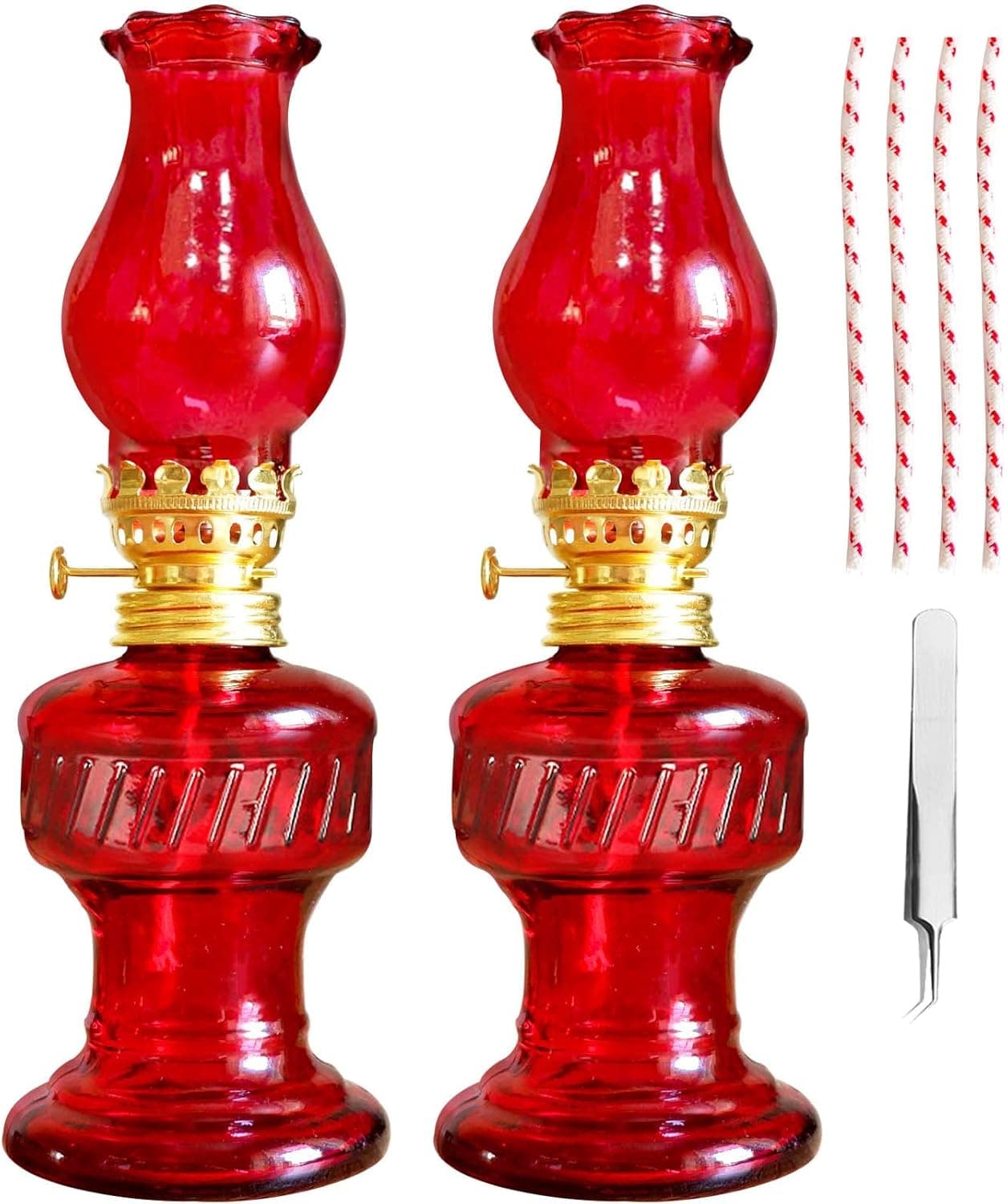 Rustic Oil Lamp for Indoor Use,8'' Kerosene Lamp with 4 Pcs Wicks and Tweezers,Vintage Glass Kerosene Hurricane Lamp for Home Emergency Lighting (Red)