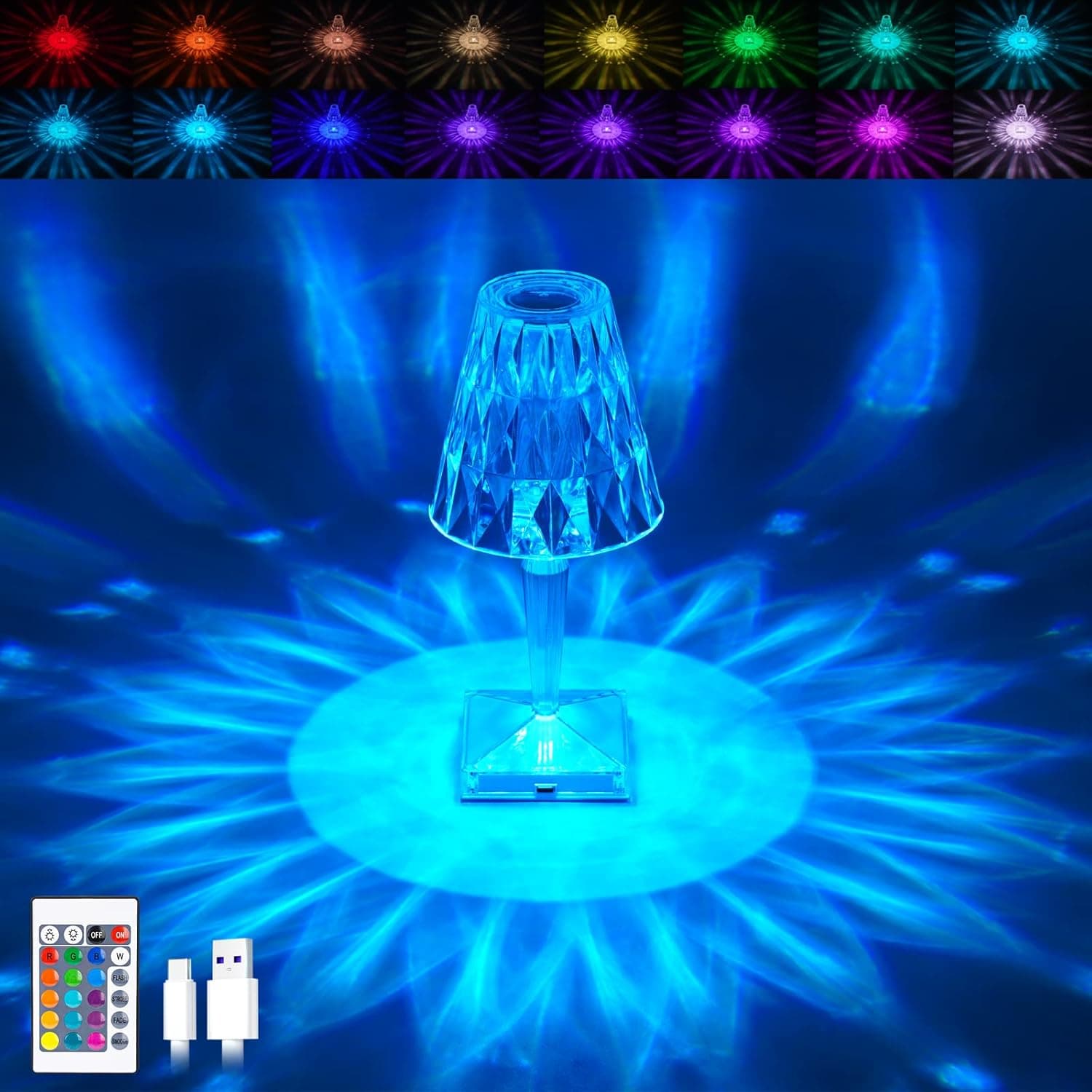 Crystal Table Lamp, 16 RGB Color Changing Crystal Light with 6 Level Brightness Adjustment, Romantic Rechargeable Remote & Touch Lamp for Living Room Gift Mothers Day Gifts