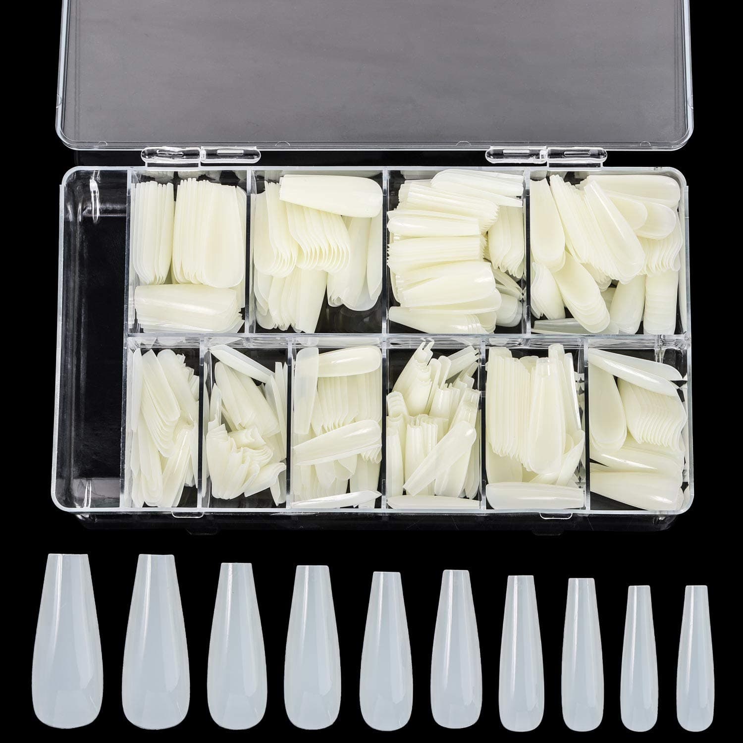 500pcs Natural Coffin Shaped Fake Nails Tips Long Acrylic Artificial Tips for DIY Nail Art, 10 Sizes
