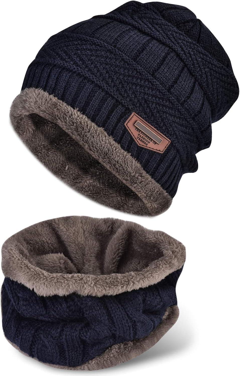 2-Pieces Winter Beanie Hat Scarf Set Warm Knit Hat Thick Fleece Lined Knit Skull Cap Scarves, Gifts for Men Women