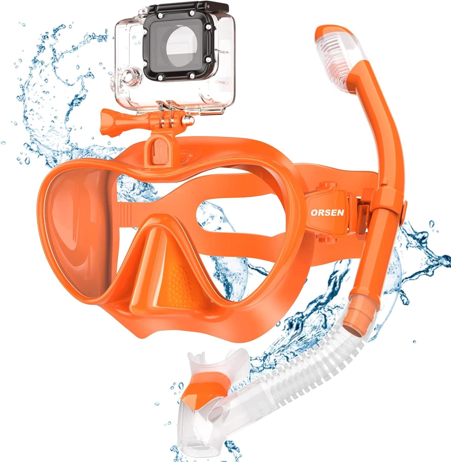 ORSEN Dry Snorkel Set for Adults with Camera Mount, Anti-Fog Panoramic Wide View Scuba Snorkel Mask, Diving Mask with Dry Top Snorkel, Adjustable Strap Snorkeling Gear for Adults