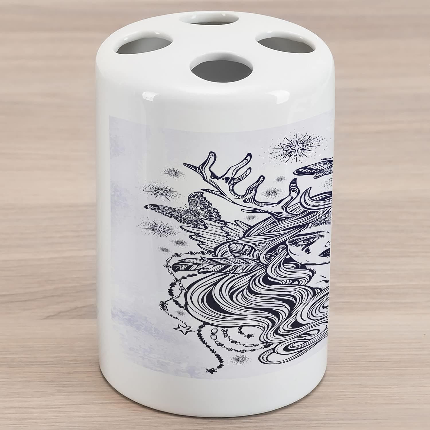 Ambesonne Bohemian Ceramic Toothbrush Holder, Woman Deer Antlers and Long Hair Butterflies Feathers Stars Boho Art, Decorative Versatile Countertop for Bathroom, 4.5" X 2.7", Pastel Purple and Indigo