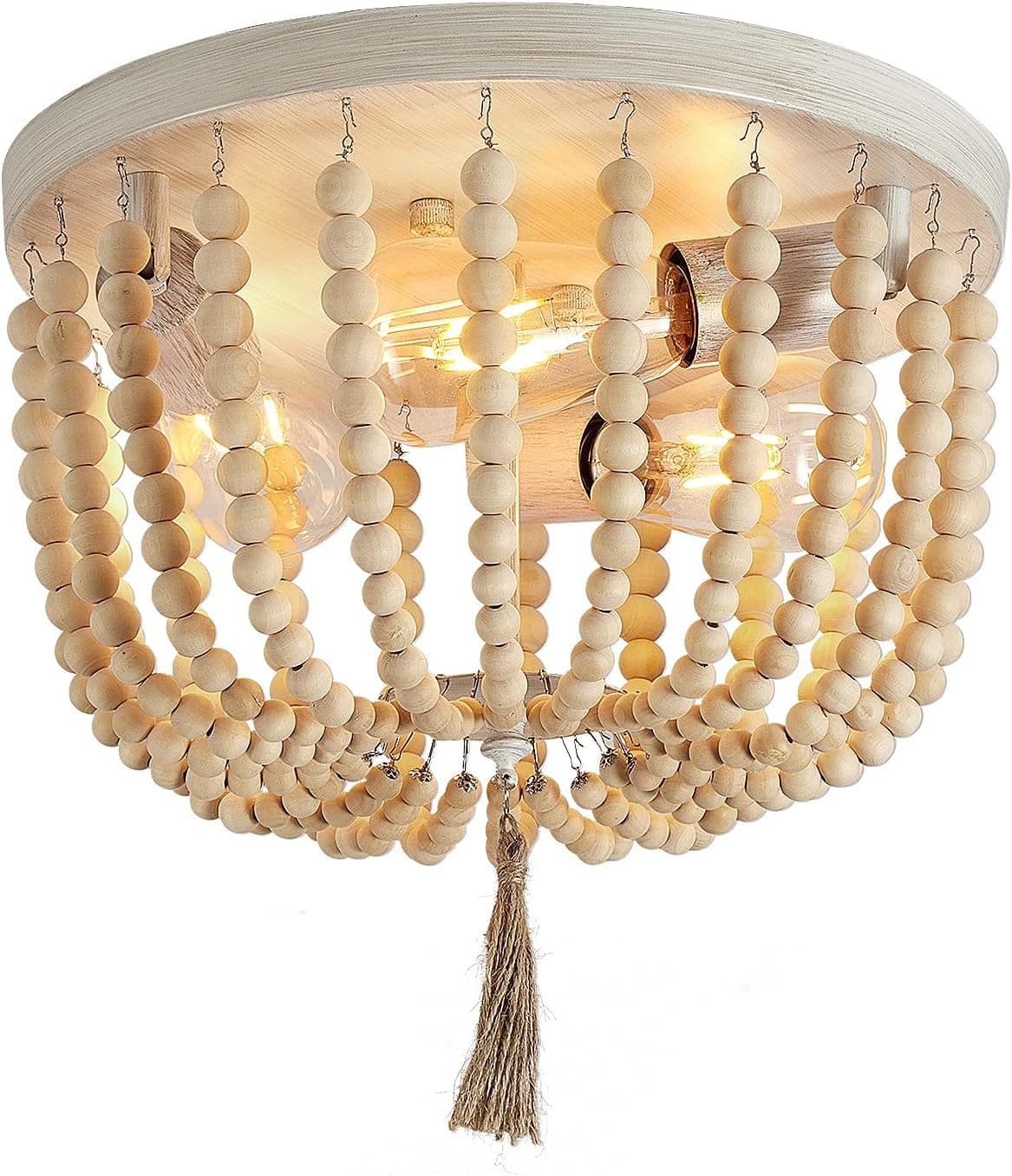 DUJAHMLAND Bohemia Flush Mount Ceiling Light,Rustic Oak White Light Fixture with Wood Beaded,for Kitchen Island,Dining Room,Bar,Entry, Hallway, Bedroom,Industrial Ceiling Lighting (White, 3-Light)