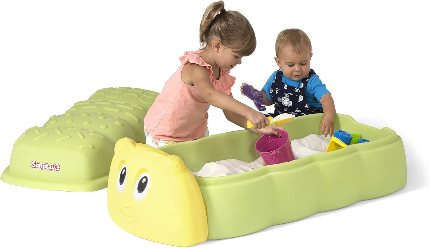 Simplay3 Caterpillar Sandbox with Lid, Kids Plastic Sandbox with Lid for Outdoor Play and Indoor Sensory Play, Made in USA