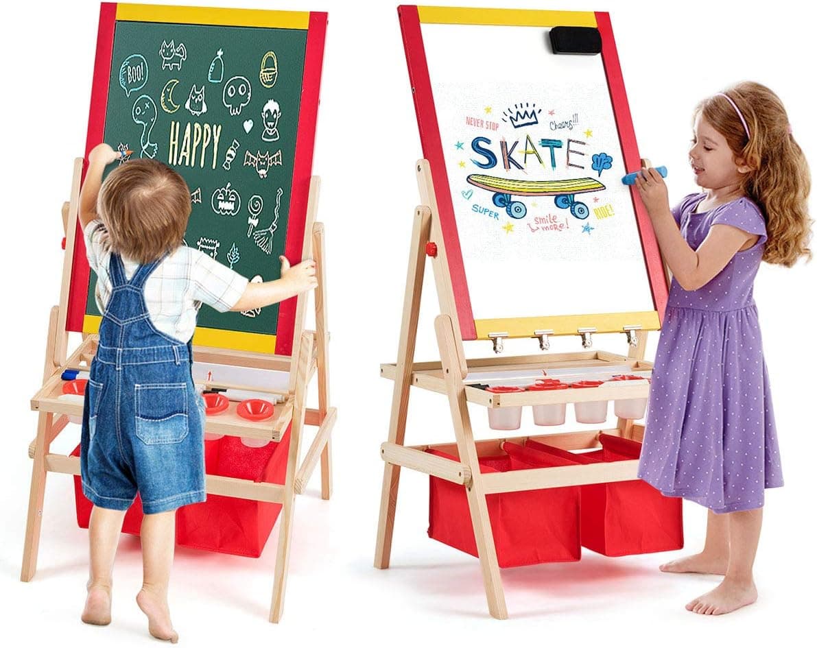 HONEY JOY Art Easel for Kids, Wooden Painting Chalkboard & Dry Erase Whiteboard, Storage Bins, Magnetic Alphabet, Toddler Drawing Easel Stand with Art Accessories Set, Red