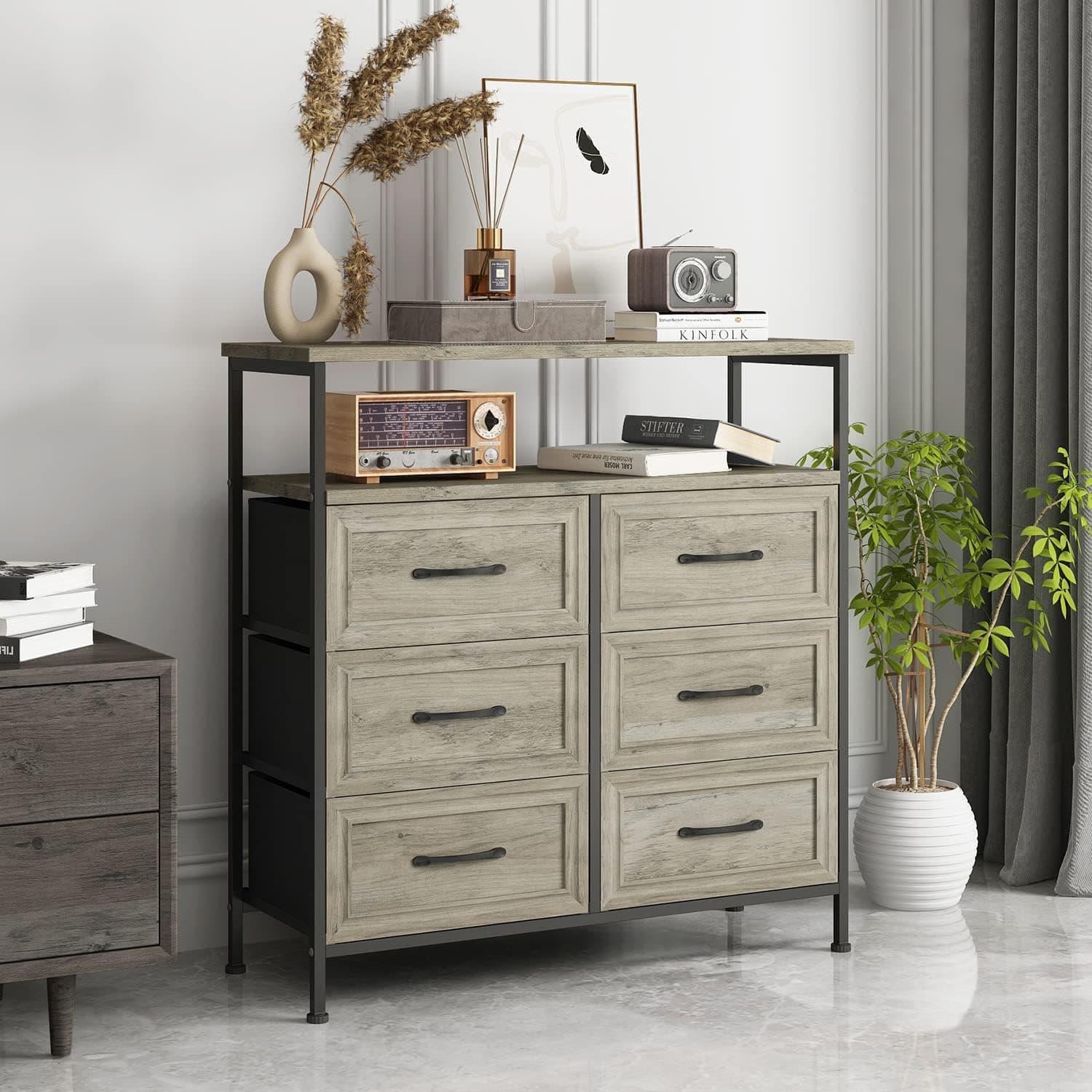 HOSEOKA 6 Drawer Dresser for Bedroom, Rustic Wood Dresser with Shelves, Closet Storage Dresser, Chest of Drawers, Woden Clothes Dresser Organizers, Grey
